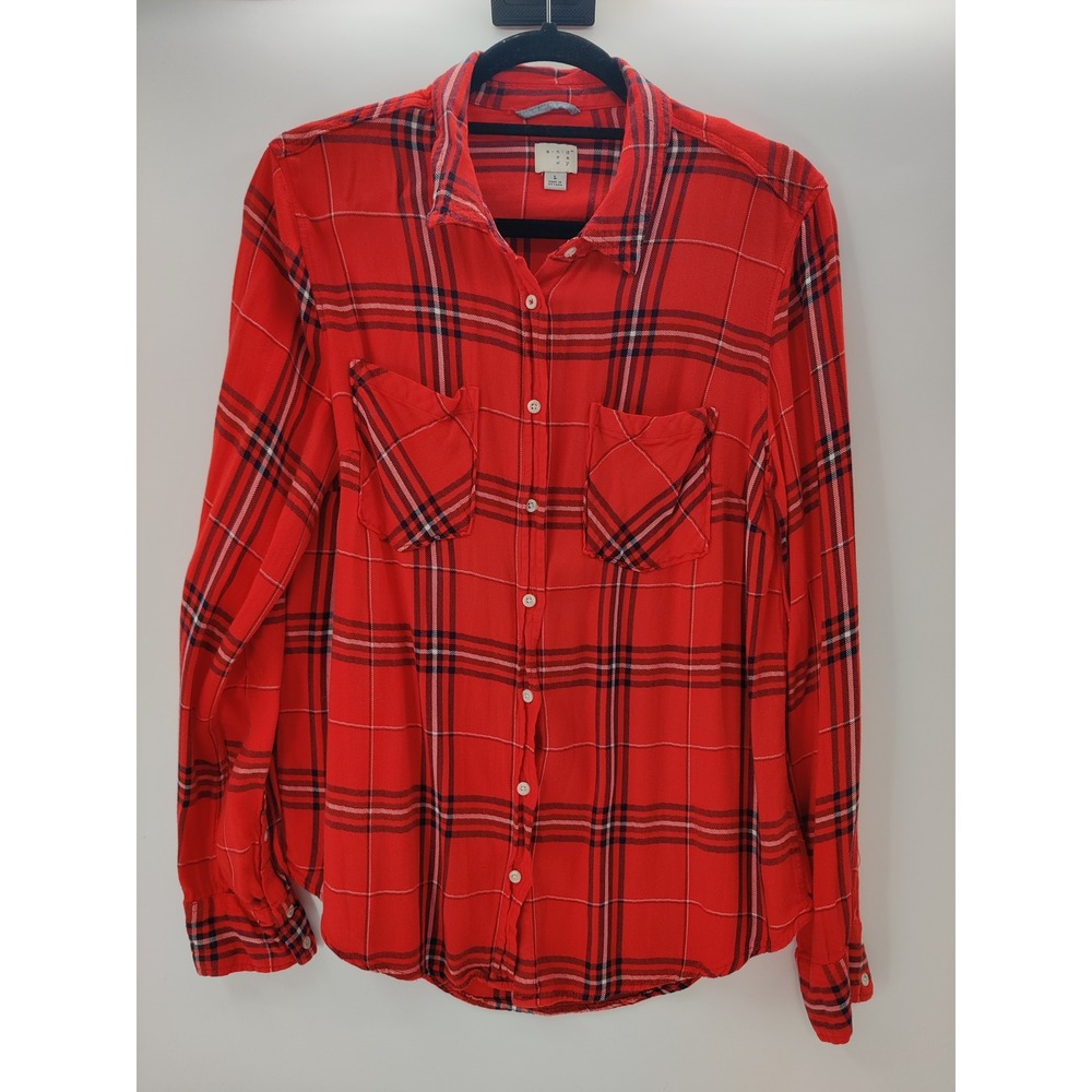 A New Day Red Plaid Button Down Shirt Long Sleeve Rayon Top Womens Large L